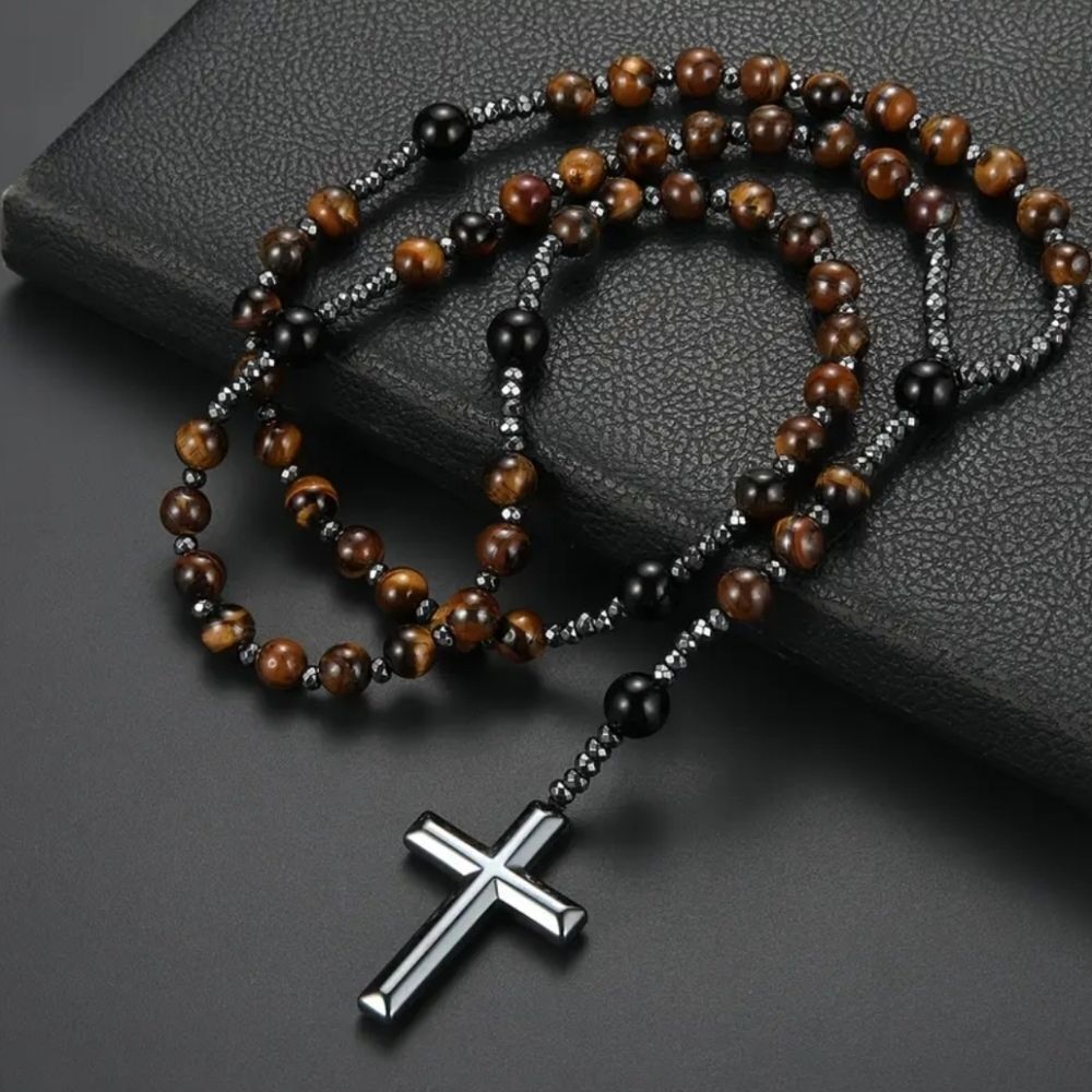 Tigers Eye hematite rosary Beaded Cross Necklace